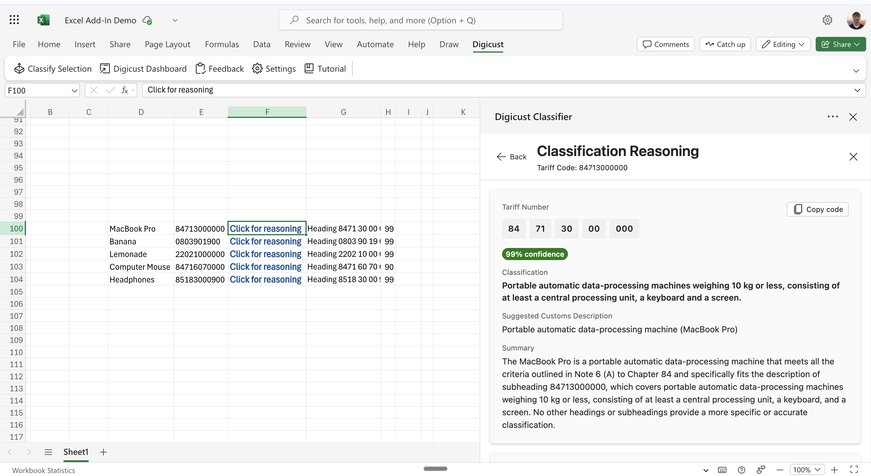 Excel Add-In Classification Results
