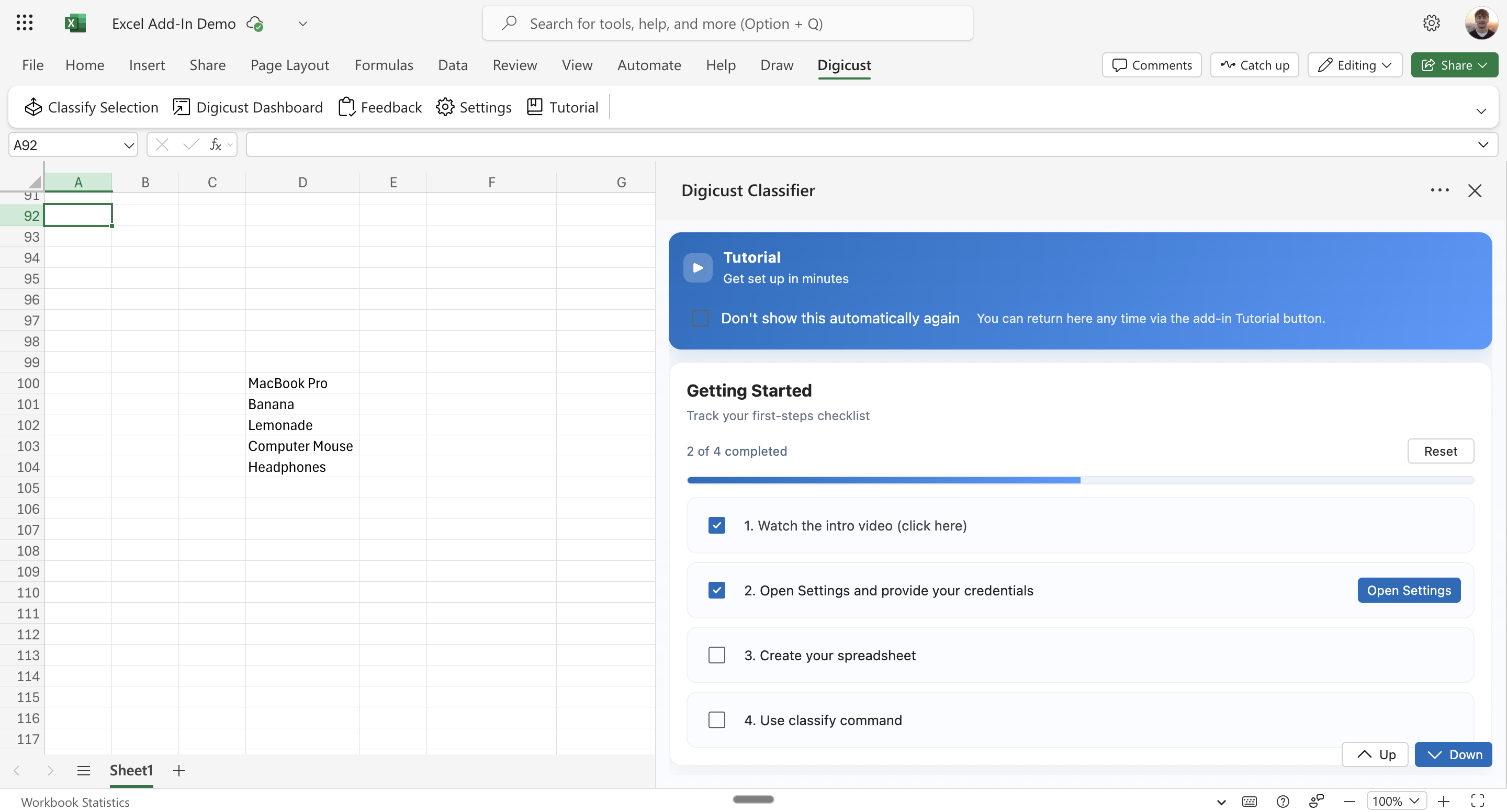 Excel Add-in Interface