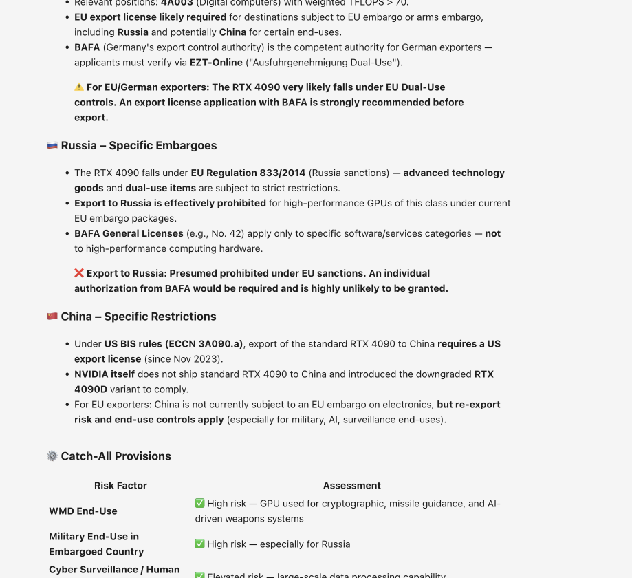 EU Dual-Use controls, Russia embargo restrictions and China-specific export limitations for high-performance GPUs