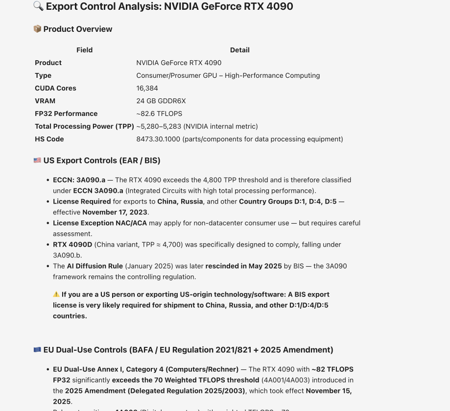 US Export Controls EAR/BIS analysis: ECCN 3A090.a classification and EU Dual-Use BAFA thresholds for RTX 4090