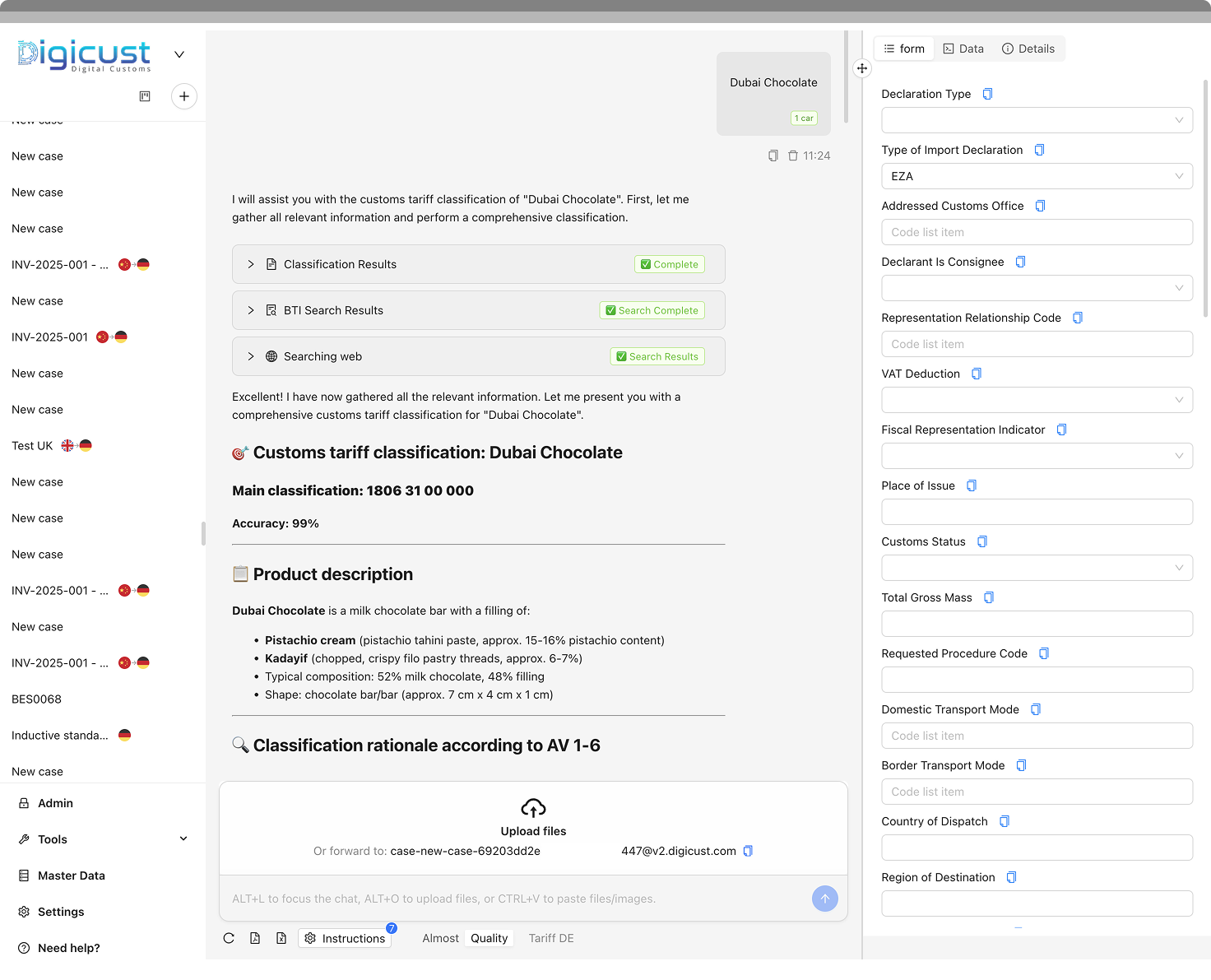 Digicust Digital Customs AI Assistant classifying Dubai Chocolate