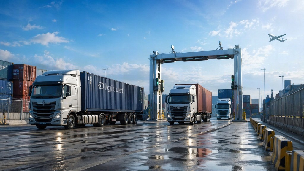 Camiões e carga intermodal numa fronteira movimentada da UE, representando a automação aduaneira à escala de produção