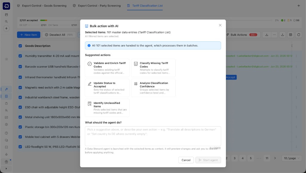 Digicust bulk action with AI modal for tariff classification list