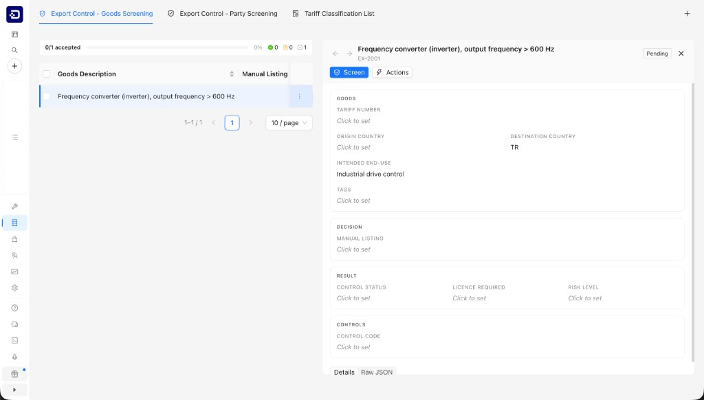 Digicust export control goods screening interface