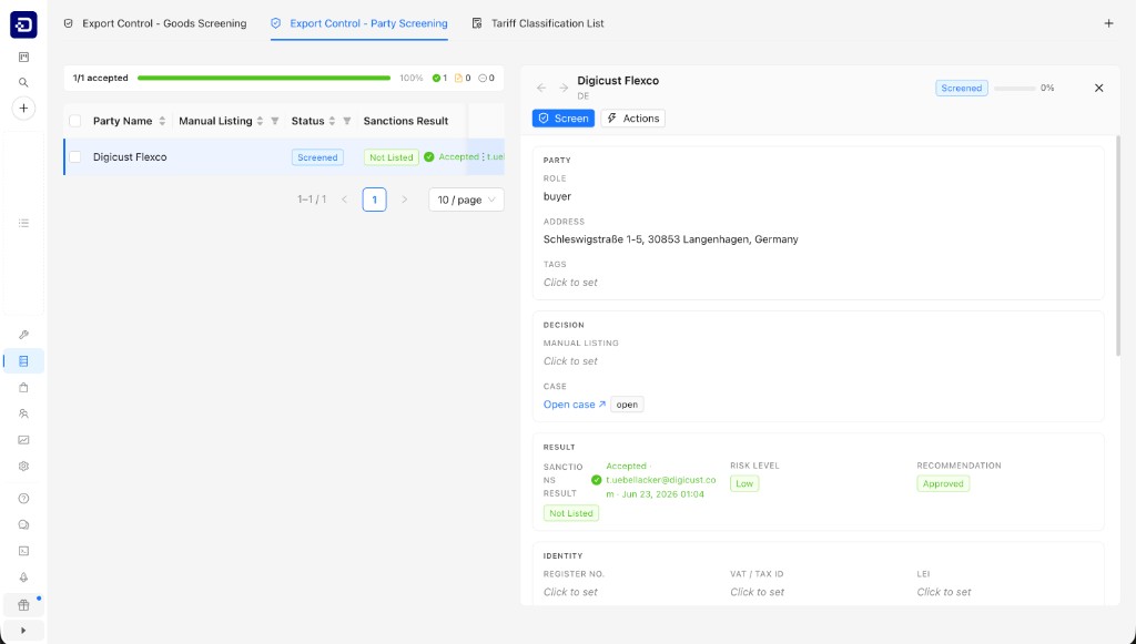 Digicust export control party screening interface