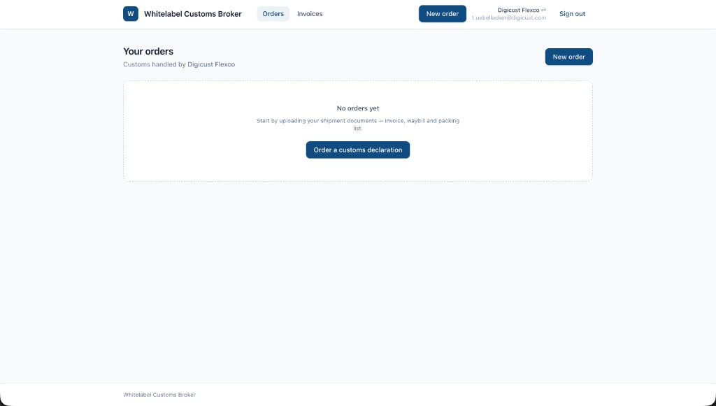 Branded client portal showing an empty orders state and a button to order a customs declaration.