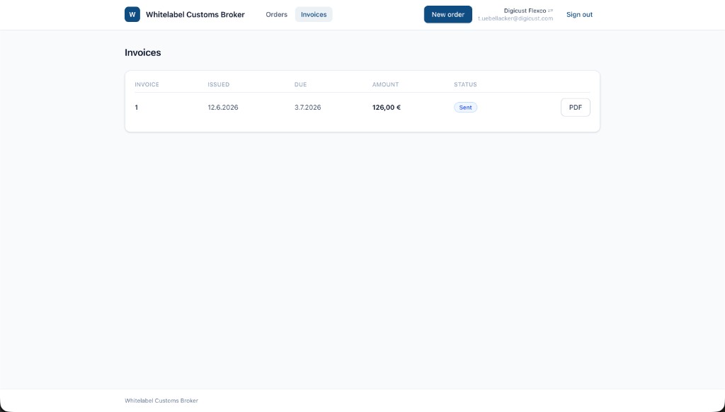 Client invoice portal showing issued invoice, due date, amount, sent status and PDF download button.