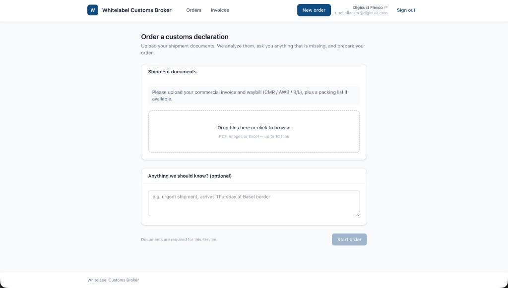 Client order form with a shipment document upload area and optional notes field.