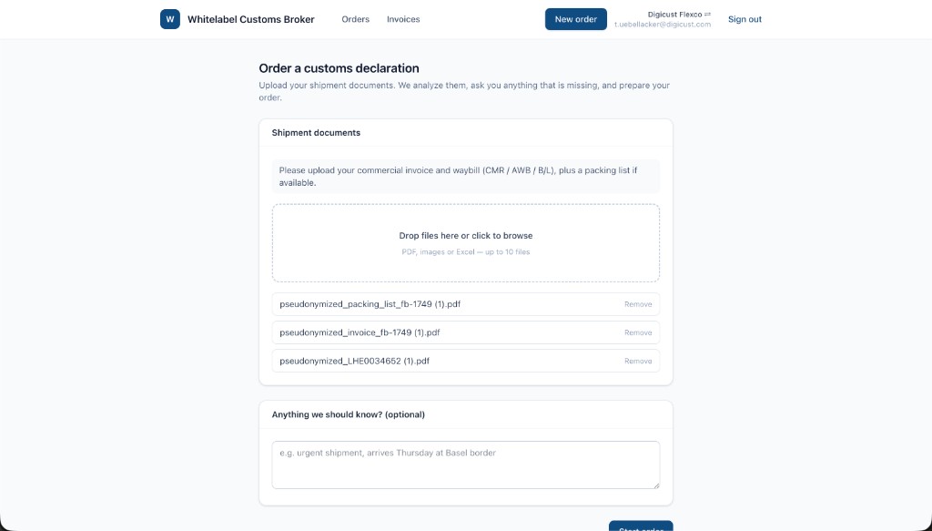 Client order form after invoice, packing list and certificate files have been uploaded.