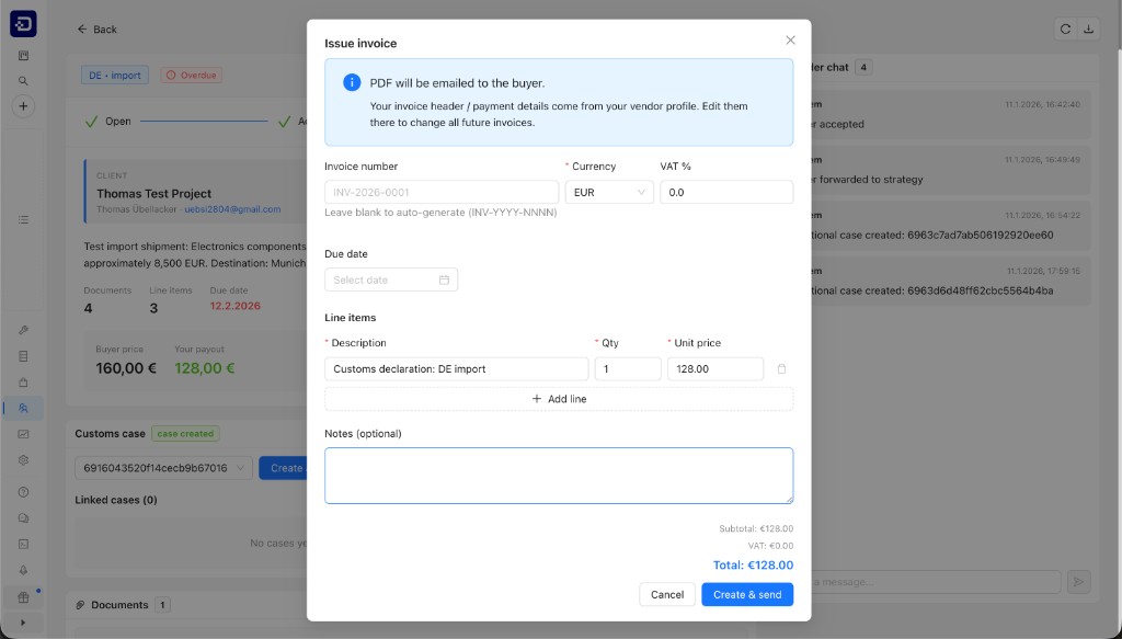 Invoice creation modal with line items, VAT, due date, notes and create-and-send action.