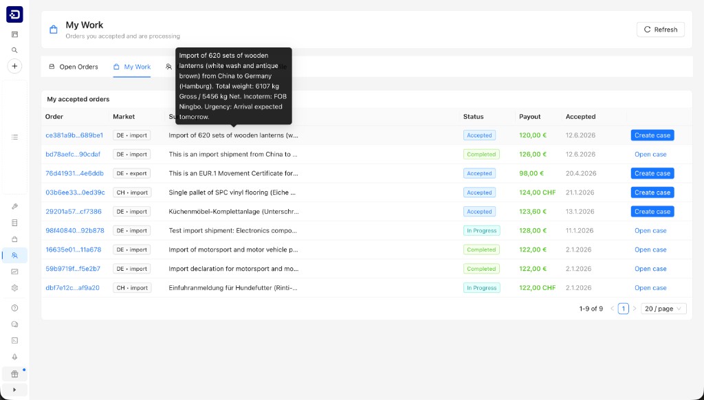 Vendor workbench showing accepted customs orders, payouts, statuses and case creation buttons.